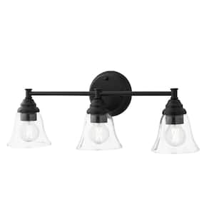 Marsden 23.5 in. 3-Light Matte Black Transitional Bathroom Vanity Light with Clear Glass Shades