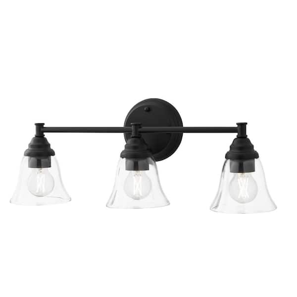 Marsden 23.5 in. 3-Light Matte Black Vanity Light with Clear Glass Shades