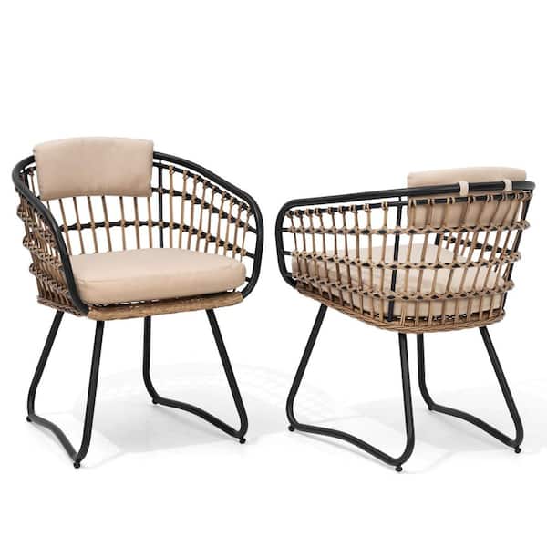 Pellebant Outdoor Patio Wicker Dining Chairs PE Rattan Seating Set with Beige Cushion (Set of 2)