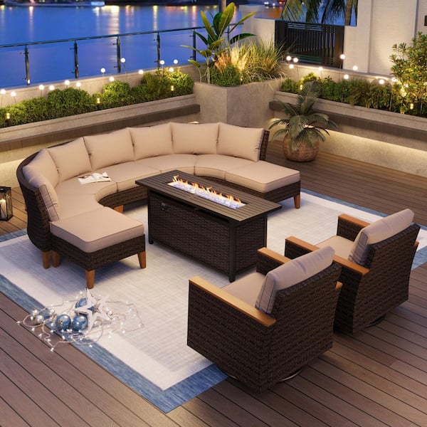 PHI VILLA Brown Rattan Wicker 9-Seat 10-Piece Steel Outdoor Fire Pit Patio Set with Beige Cushions,2 Swivel Sofas and 2 Ottomans