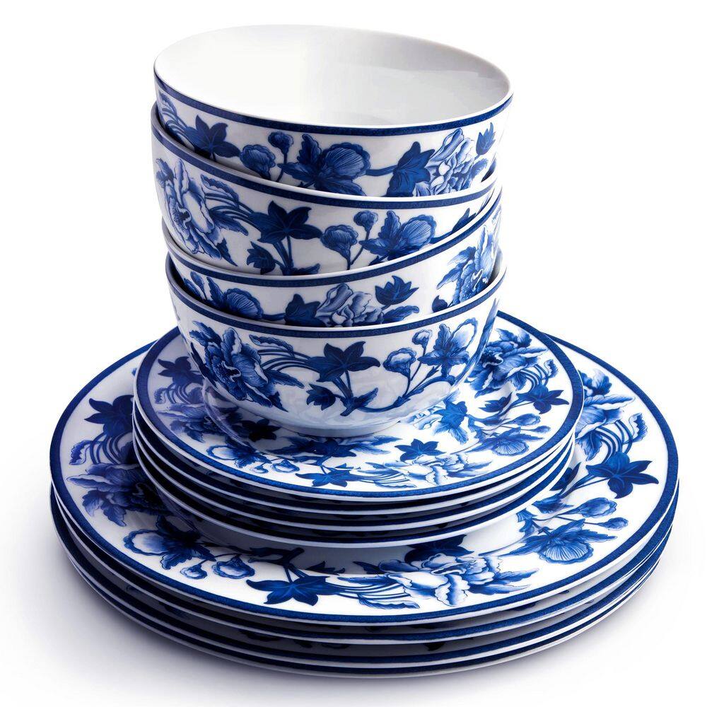 Cobalt Blue Floral Ceramic Dinnerware Set, Service for 4