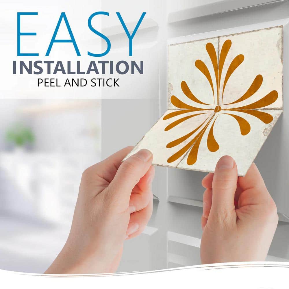 Beige and Gold Vintage Flower Vinyl Peel & Stick Tiles 8x8-inch