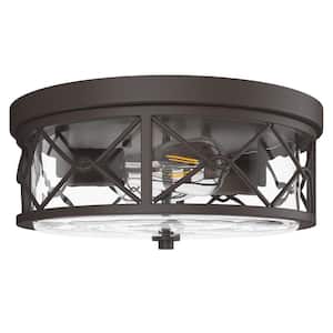 Industrial 13.8 in. 2-Light Oil Rubbed Bronze Farmhouse Flush Mount Ceiling Light with Glass Shade