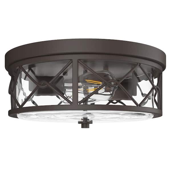 aiwen Industrial 13.8 in. 2-Light Oil Rubbed Bronze Farmhouse Flush Mount Ceiling Light with Glass Shade