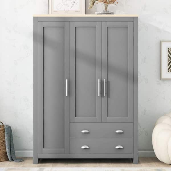 Gray MDF Wood 47.2 in. Wardrobe with 3 Door Storage and 3 Hanging Rods