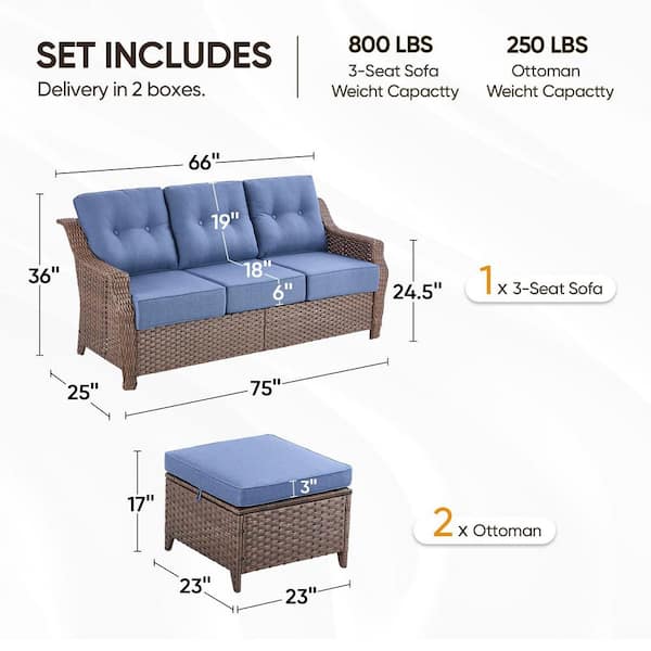 Modern Farmhouse 3-Seat Brown Wicker Outdoor Couch Set with 6 In. Blue Olefin Cushions /Patio Ottomans（3-Piece）