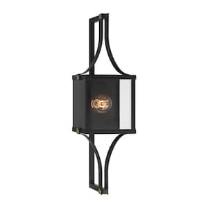 Glendale 28 in. Matte Black and Weathered Brushed Brass Outdoor Hardwired Wall Lantern Sconce with No Bulbs Included
