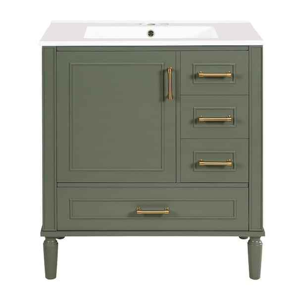 30 in. Single Sink Freestanding Olive Green Bath Vanity with White Ceramic Top and 3 Drawer Storage Cabinet Unassembled
