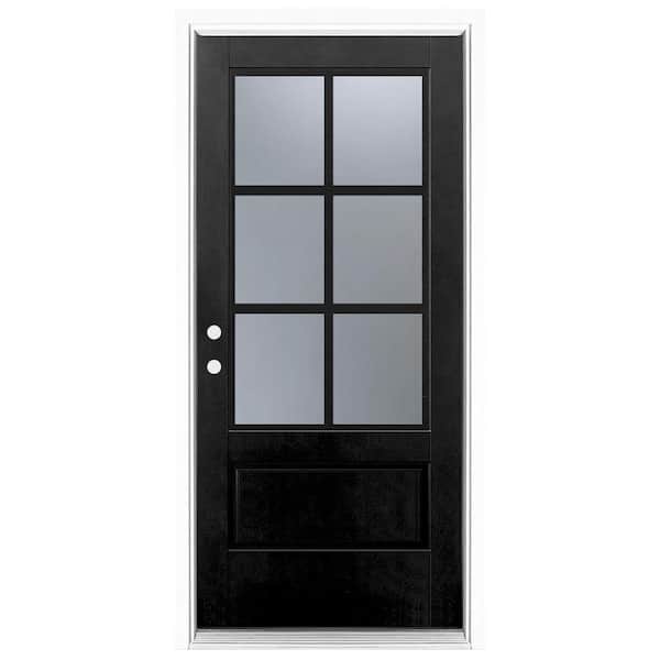 36 in. x 80 in. 3/4 Lite Right-Hand Inswing 6 Lite SDL Frosted Glass Finished Black Fiberglass Prehung Front Door