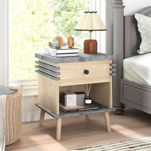 1-Piece 3-Tier Bedside Table with Antique Grey 1-Drawer Nightstand Faux Marble Top and Open Shelf
