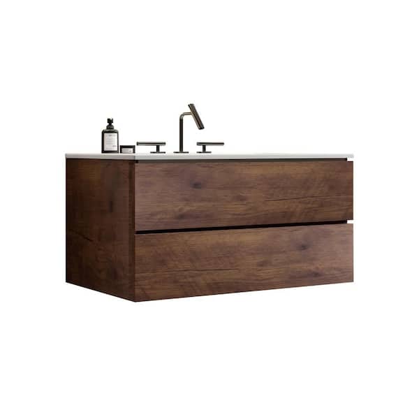 36 in. W Single Sink Floating Walnut Bath Vanity with White Ceramic Top
