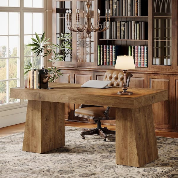 Moronia 55 in. Modern Rectangle Light Brown Engineered Wood Executive Desk with Double Pedestal, Computer Table Office