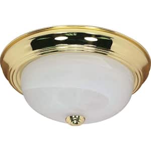2-Light Polished Brass 13 in. Flush Mount with Alabaster Glass
