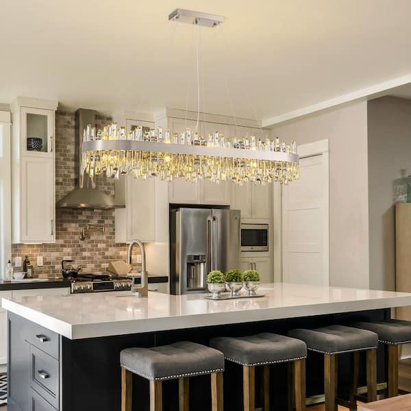 51.2 in. Dimmable 20-Light Crystal Chandelier Modern Satin Nickel Ellipse Chandelier with Clear Crystal Accents