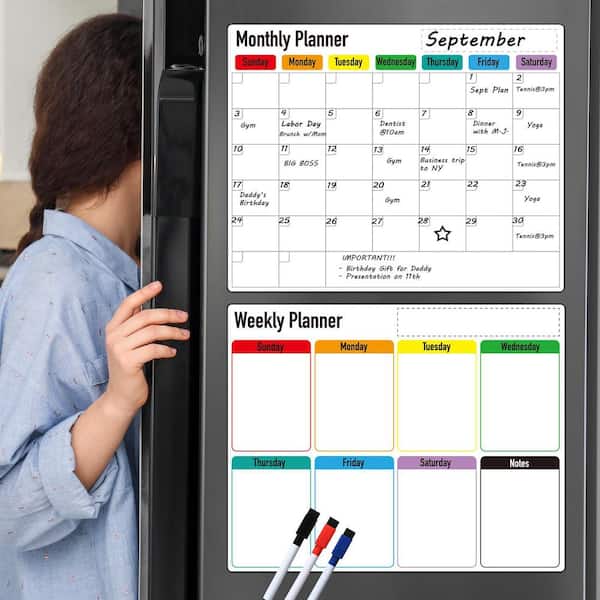 2-Pack Magnetic Dry Erase Planner Set with Weekly and Monthly Calendar, 14.6 x 11.6 in. Whiteboard for Fridge