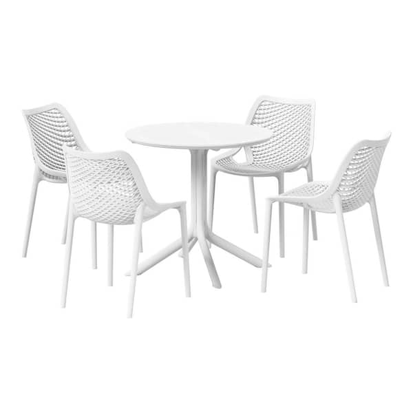WESTIN OUTDOOR FrondandForm Modern Outdoor Patio Poly Plastic 5-Piece Round Table Dining Set w/ 4 Stackable Chairs in White
