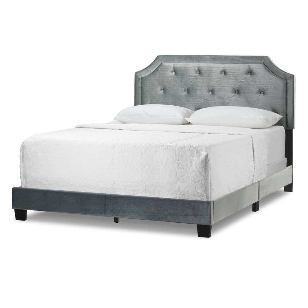 Glamour Home Aria Silver Grey Velvet Queen Bed with Piping and Button ...