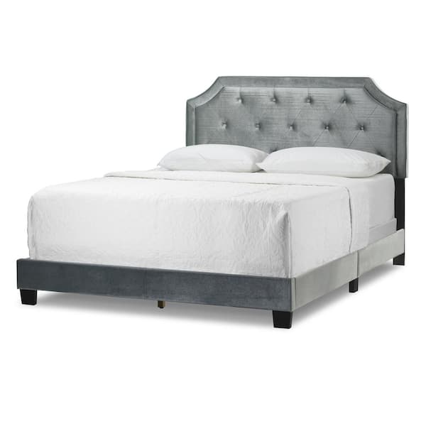 Glamour Home Aria Silver Grey Velvet Queen Bed with Piping and Button Tufting