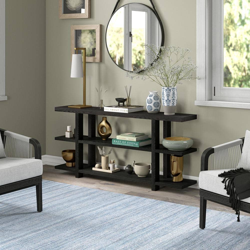 Acosta 64" Black Grain Wood and Metal Console Table with Storage