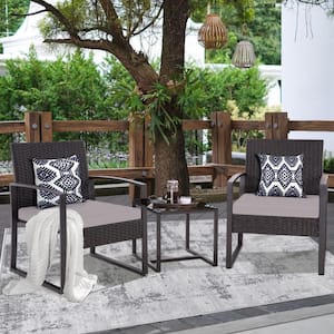 Patio 3 Pcs Wicker Bistro Set, Outdoor Glass Top Side Table and Gray Cushion PE Wicker Chairs Rattan Conversation Set