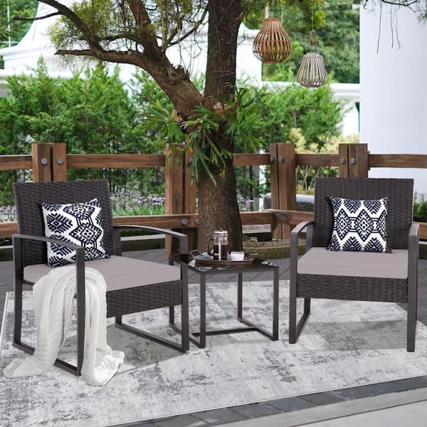 MEOOEM Patio 3 Pcs Wicker Bistro Set, Outdoor Glass Top Side Table and Gray Cushion PE Wicker Chairs Rattan Conversation Set