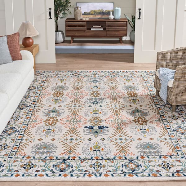 Aspen 10 ft. x 14 ft. Ivory/Blue Border Floral Geometric Area Rug