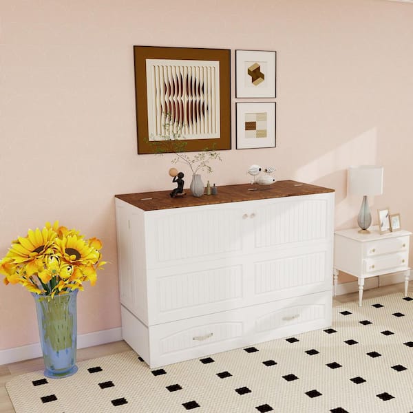 White MDF Frame Queen Murphy Bed Cabinet with Charging Station and Storage Drawer