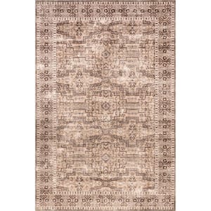 Jett Floral Border Spill-Proof Machine Washable Beige 9 ft. x 12 ft. Area Rug