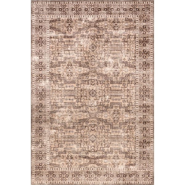 Jett Floral Border Spill-Proof Machine Washable Beige 9 ft. x 12 ft. Area Rug