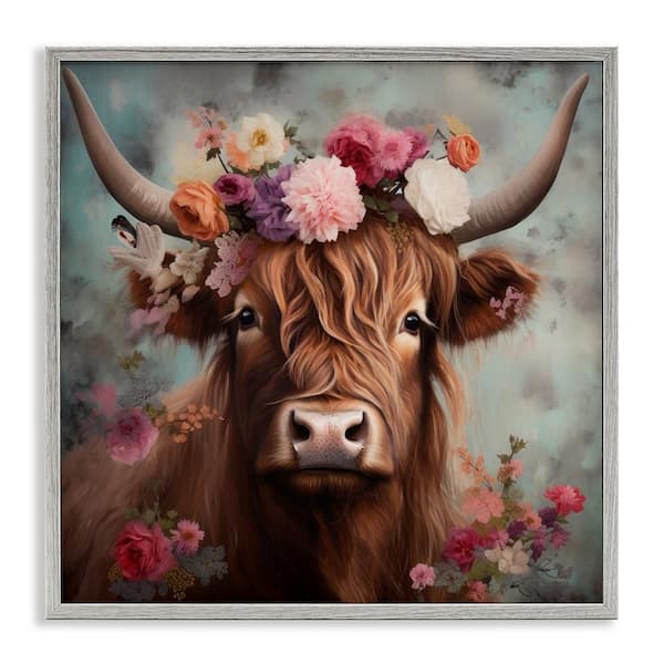 Detailed Floral Highland Cow by Irena Orlov Gray Framed Giclee Art Print Animal 12 in. x 12 in.