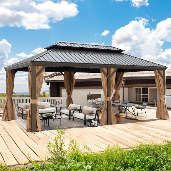 Residential 20 ft. x 12 ft. Brown Permanent Outdoor Gazebo with Privacy Curtain and Netting