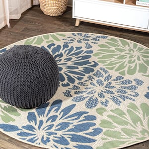 Zinnia Modern Floral Textured Weave Navy/Green 9 ft. Round Indoor/Outdoor Area Rug