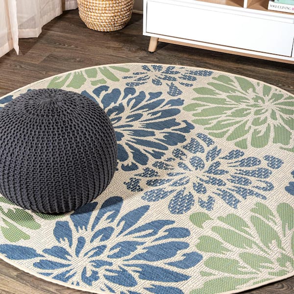 Zinnia Modern Floral Textured Weave Navy/Green 6 ft. Round Indoor/Outdoor Area Rug