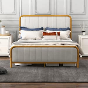 Gold Metal Bed Frame Upholstered Queen Platform Bed with Velvet Headboard