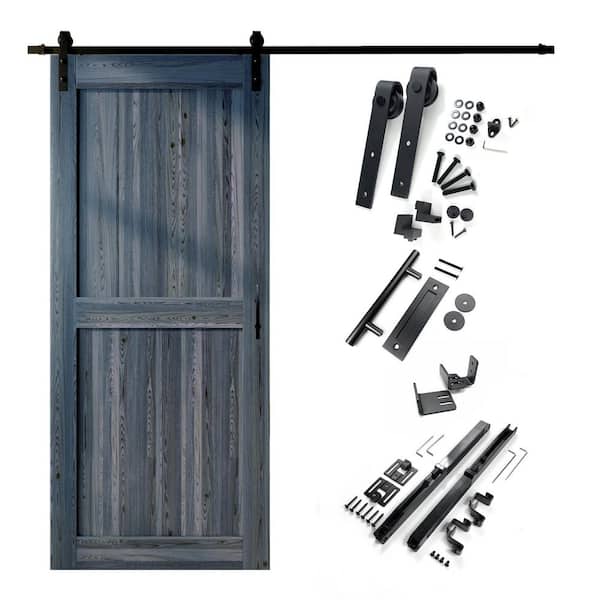 HOMACER 60 in. x 84 in. H-Frame Navy Solid Pine Wood Interior Sliding Barn Door with Hardware Kit Non-Bypass