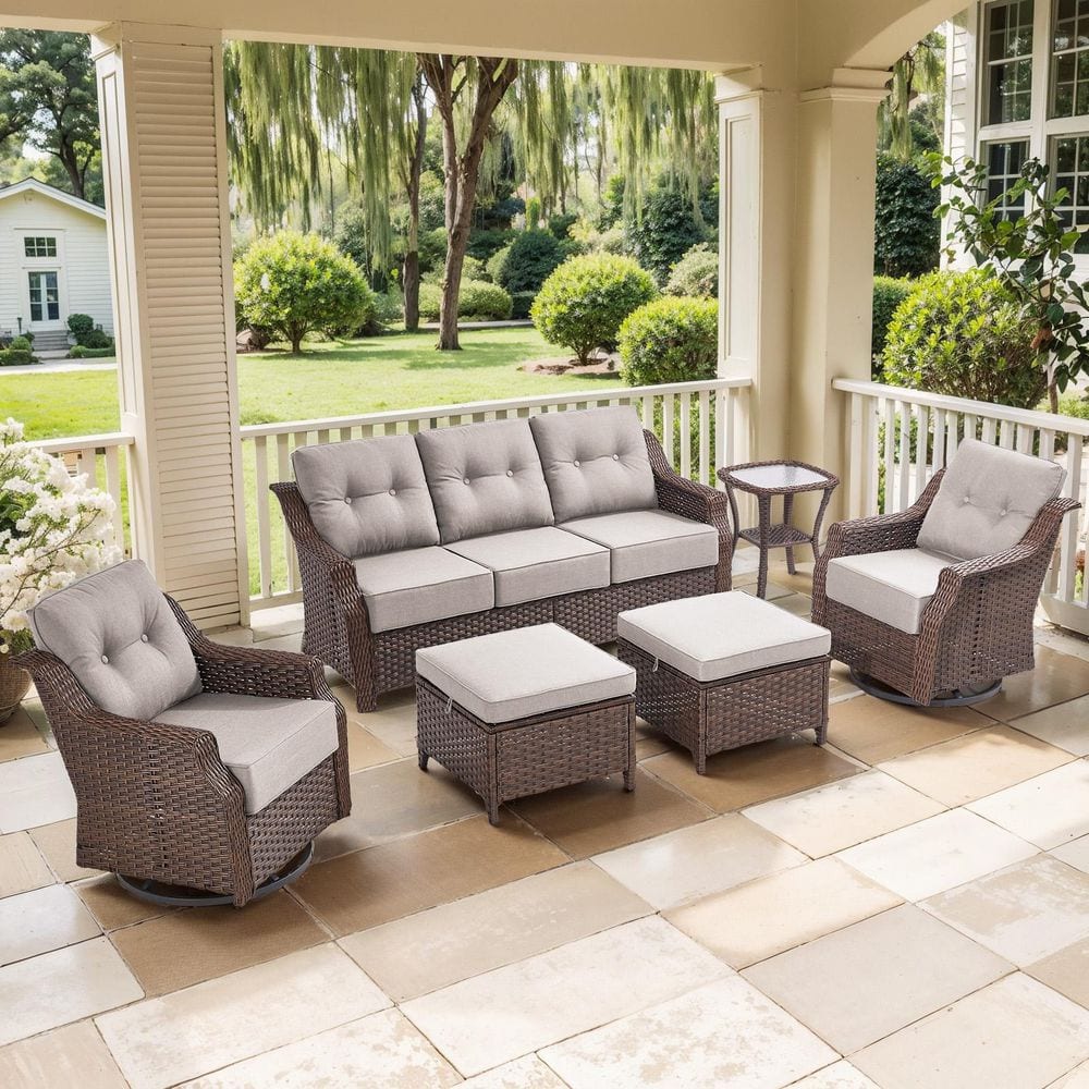 Modern Farmhouse 6-Piece Brown Wicker Patio Conversation Set with 6 In. Beige Cushions/3-Seat Sofa with Swivel Chairs price history on PriceWatchPro