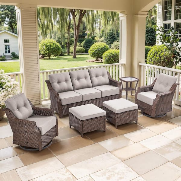 Modern Farmhouse 6-Piece Brown Wicker Patio Conversation Set with 6 In. Beige Cushions/3-Seat Sofa with Swivel Chairs