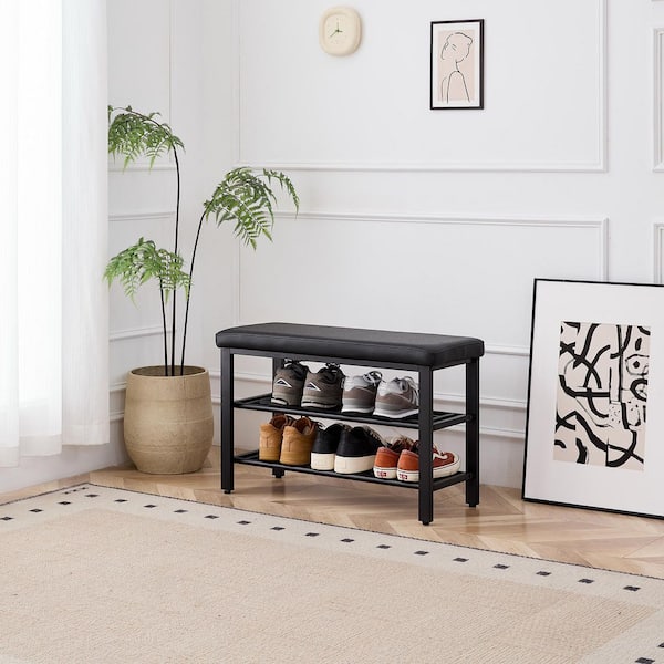 31.5 in. Black PU Entryway Shoe Bench with Shelves and Cushioned Seat