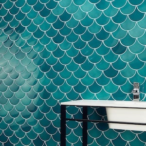 Beta Teal 5 in. x 0.39 in. Scallop Polished Ceramic Tile Sample
