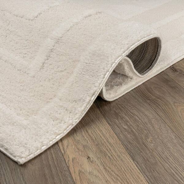 Solid Framed Border Power Loomed Soft Shag High-Low Indoor 5 ft. x 7 ft. White Area Rug