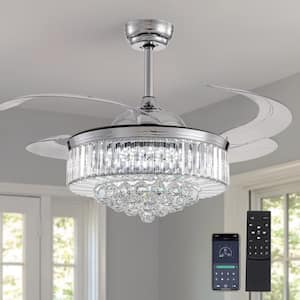 48 in. Indoor Modern Chrome Retractable Crystal Ceiling Fan with Dimmable LED Light Fandelier with Remote APP Control