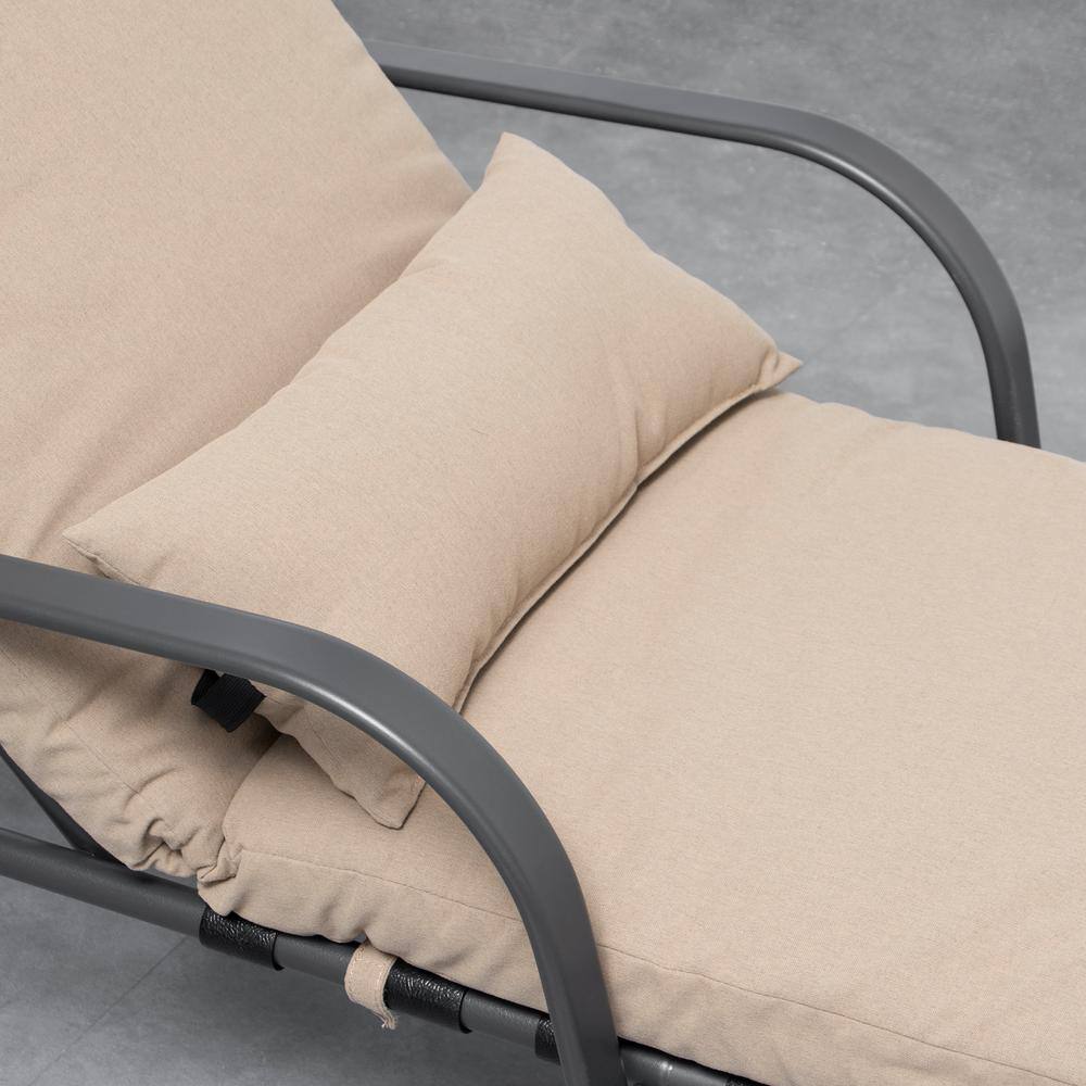 Tan Adjustable Steel Outdoor Chaise Lounge with Cushions