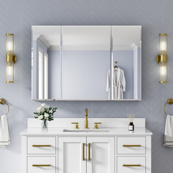 44 in. W x 30 in. H Rectangular Bevel Medicine Cabinet with Mirror in Silver with Adjustable Shelves, Soft-Close
