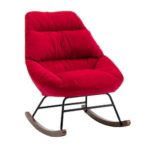 Red Velvet Upholstered Padded Seat Rocking Chair with Swing Back and Rubberwood Leg