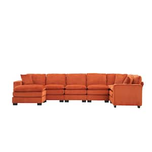 143.7 in. Wide Square Arm Corduroy Fabric U-Shaped Modern Upholstered Sofa in Orange