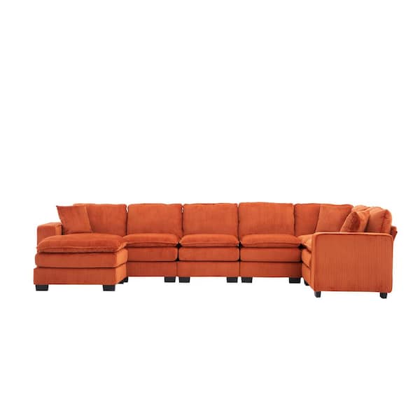 Z-joyee 143.7 in. Wide Square Arm Corduroy Fabric U-Shaped Modern Upholstered Sofa in Orange