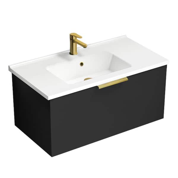 Bodrum 33.46 in. W x 17.72 in. D x 16.14 in. H Modern Bathroom Vanity in Matte Black With White Ceramic Top