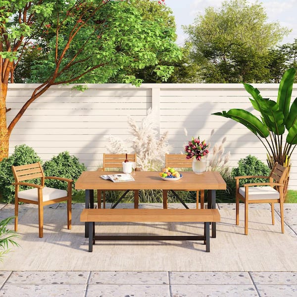 Unbranded 6 -Piece Outdoor Wood Dining Set For 6-7 Person With Removable Beige Cushions, Ergonomic Chairs And Bench, Thicker Table