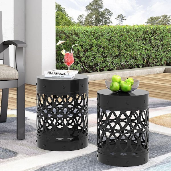 Navy Blue Metal Outdoor Side Table with Iron Cut Design (Set of 2
