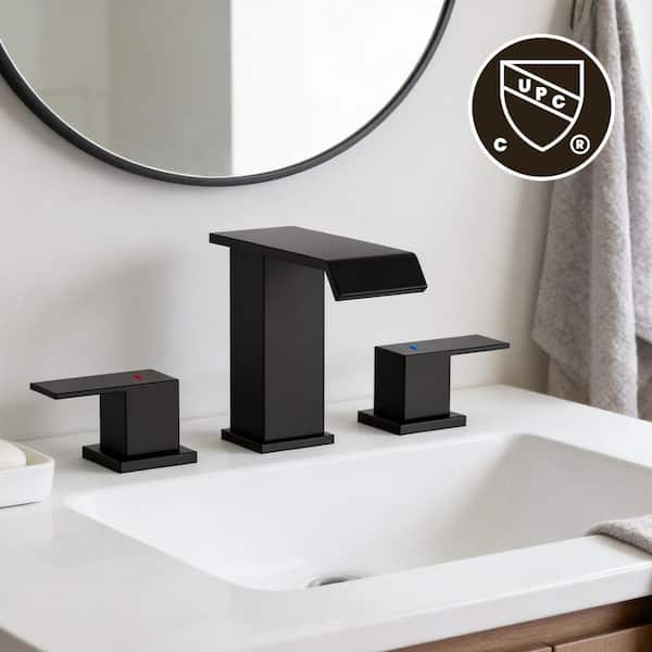 Curve 8 in. Waterfall Widespread 2-Handle Bathroom Faucet 3-Hole Bath Sink Faucet with Pop-Up Drain in Matte Black